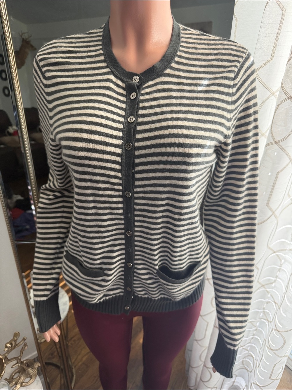 Tory Burch Black and Cream Striped Button-Up Cardigan